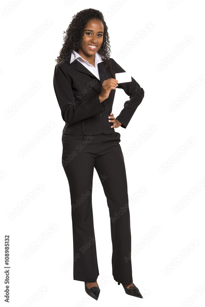 Happy African American business woman holding visit card Happy African American business woman holding visit card