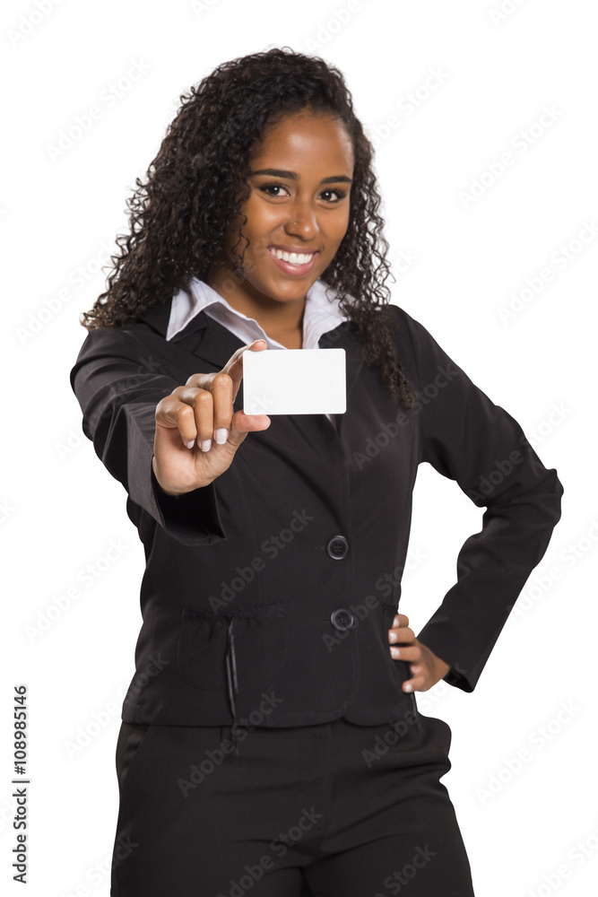 Happy African American business woman holding visit card Happy African American business woman holding visit card