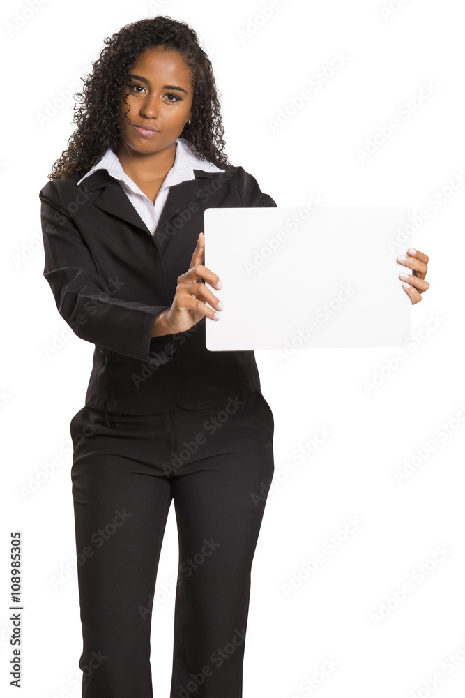 Happy African American business woman holding placard Happy African American business woman holding placard