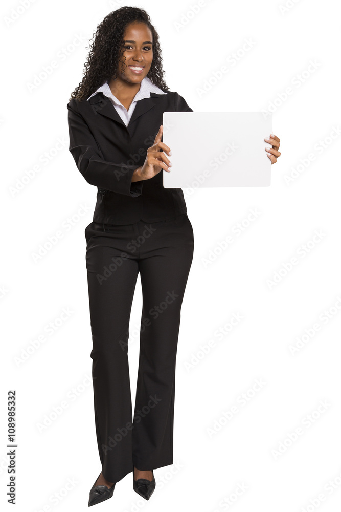 Happy African American business woman holding placard Happy African American business woman holding placard