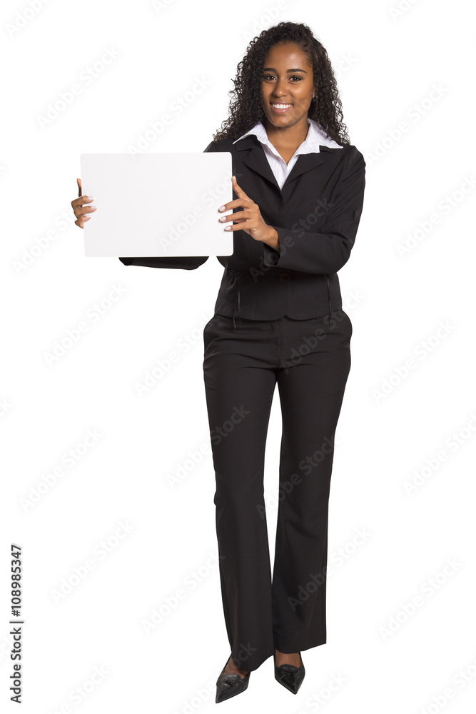 Happy African American business woman holding placard Happy African American business woman holding placard