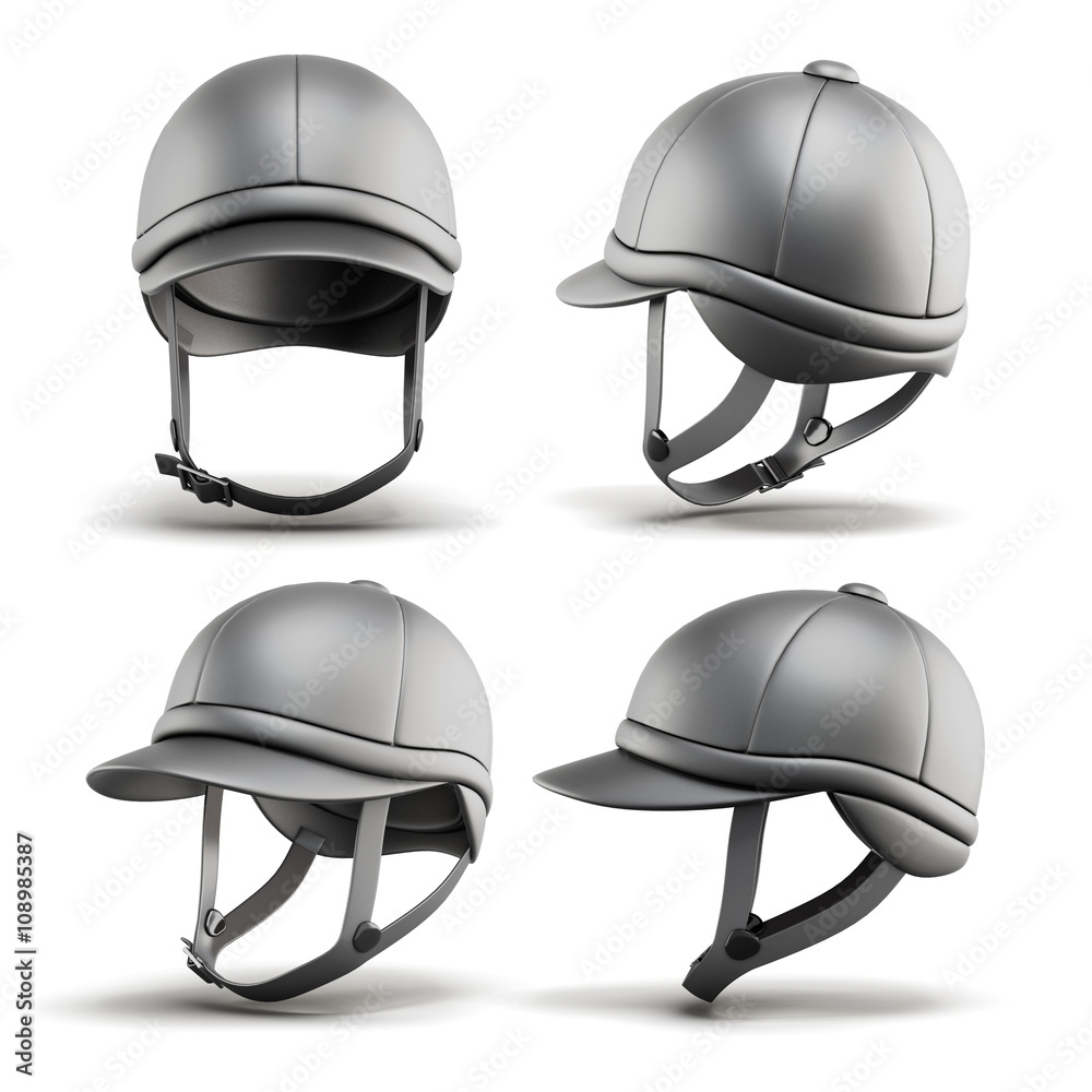 Fototapeta premium Set of jockey helmet for horseriding on a white background. 3d rendering.