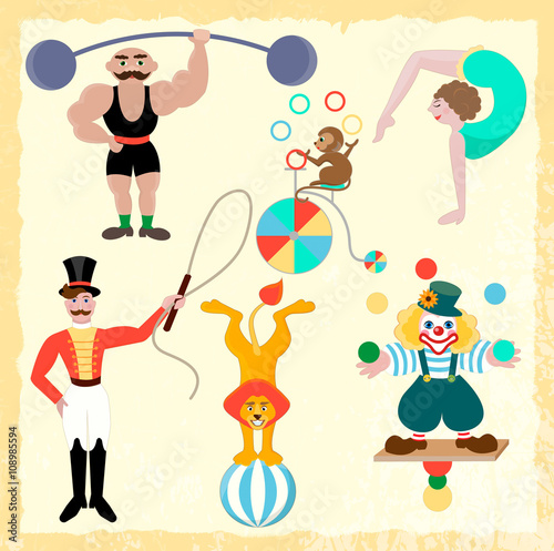 Seth circus theme. Clown, athlete, gymnast, trainer, lion and mo