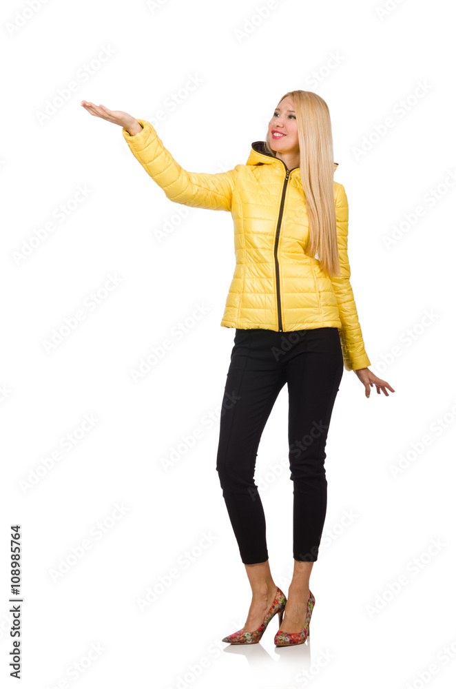Caucasian woman in yellow jacket isolated on white Caucasian woman in yellow jacket isolated on white
