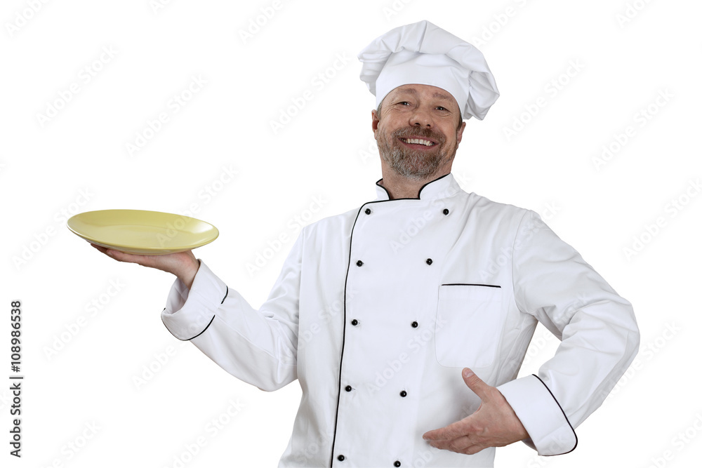 Chef with a yellow bowl in hand and big smile Chef with a yellow bowl in hand and big smile