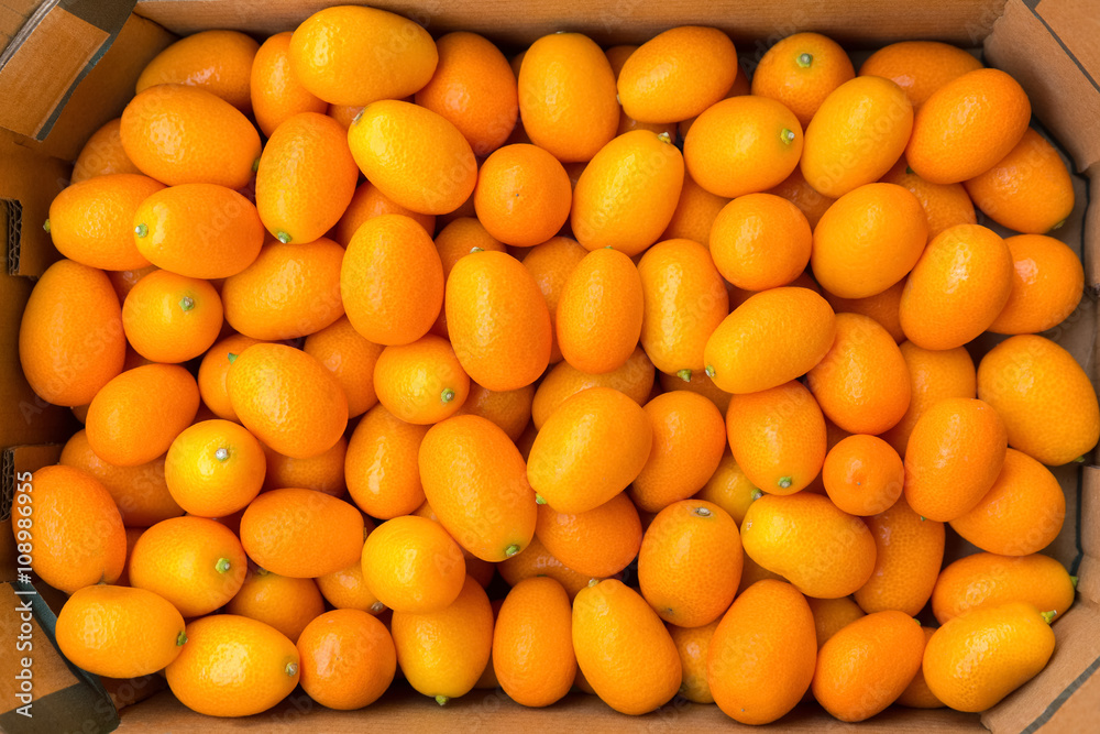Heap of orange kumquats in cardboard box