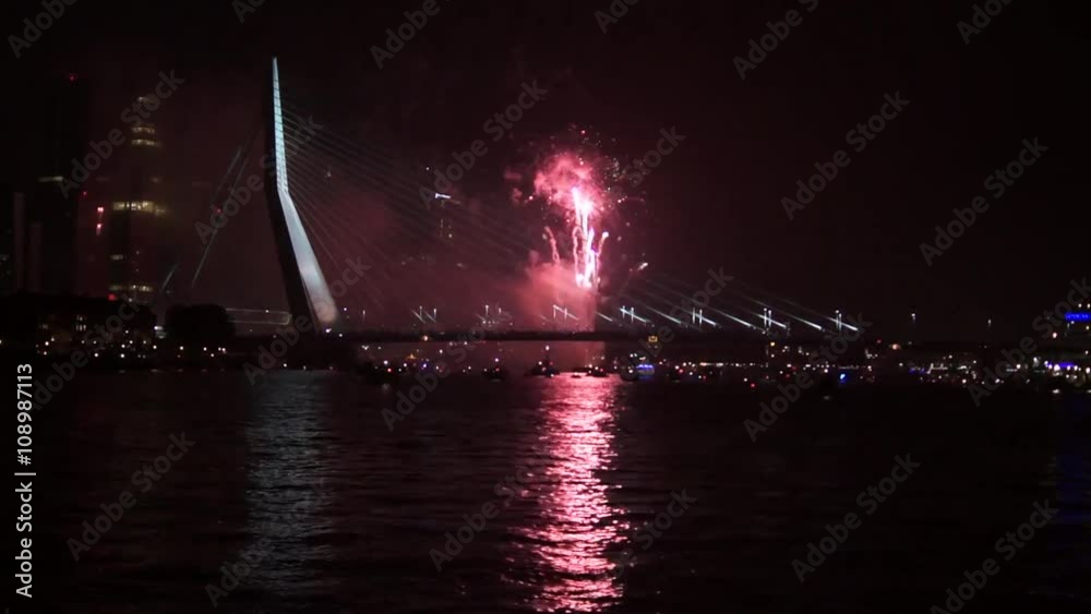 Rotterdam, fireworks at the Erasmus Bridge during the World Port Days 2014