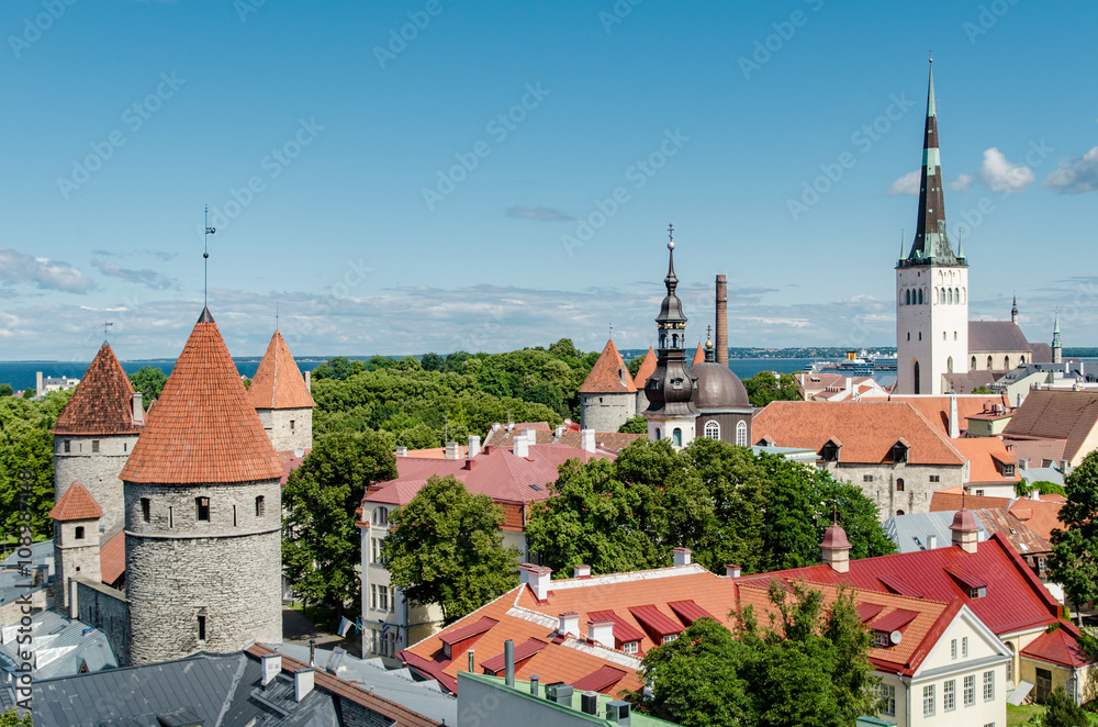 The center of Tallinn, the old city, view of the Church of St. Olaf and Orthodox Church of Estonia