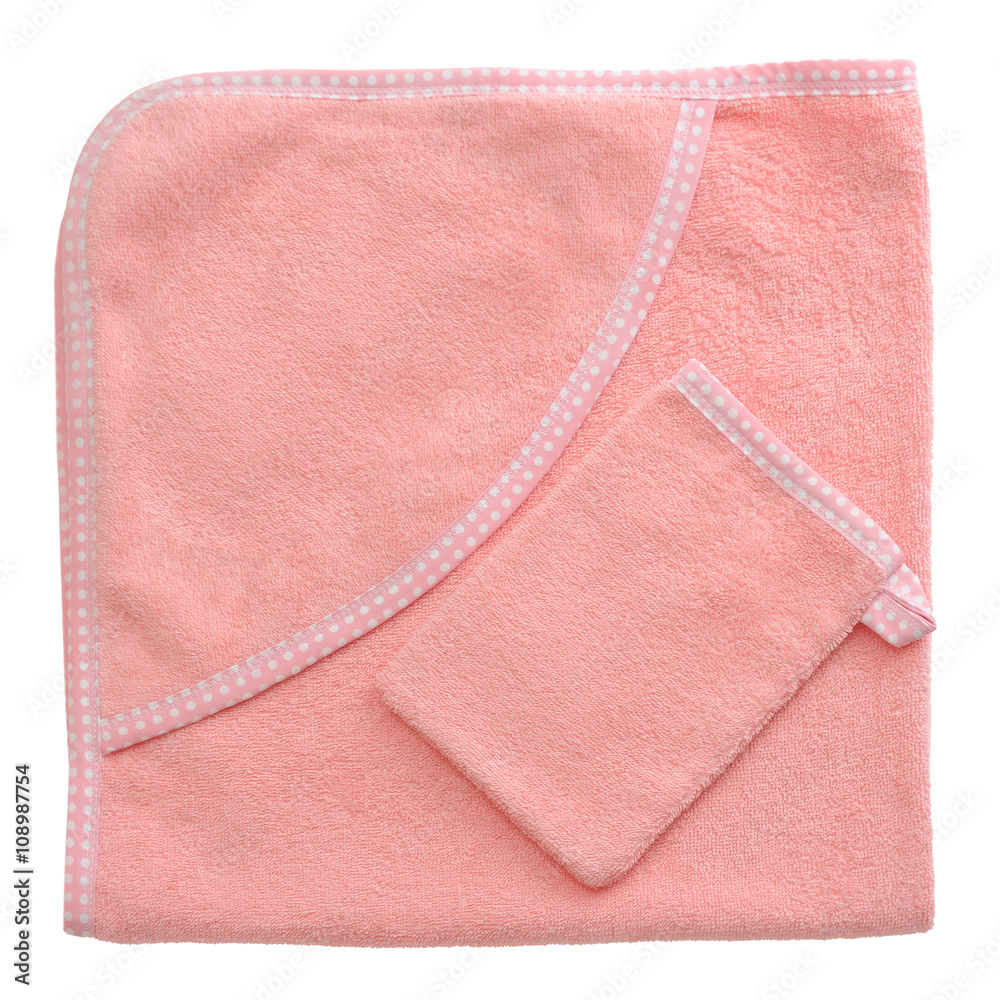 pink bathing baby towel on a white background