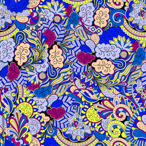 Tracery seamless, loops, doodle wind pattern. Paisley, winding stem, spiral, wave, bud mehndi design. Handmade texture, curved doodling design. Good for site background, textile, printing. Vector.