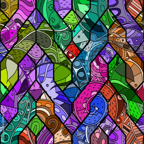Tracery loops, doodle wind pattern in the style of stained glass. Mehendi paisley, stem, spiral, wave, bud mehndi design. Handmade doodling design. For site background, printing. Vector.