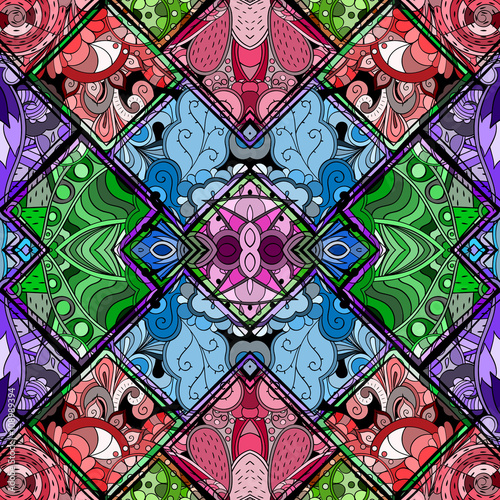 Tracery seamless, loops, doodle wind pattern in the style of stained glass. Mehendi paisley, stem, spiral, wave, bud mehndi design. Handmade doodling design. For site background, printing. Vector.