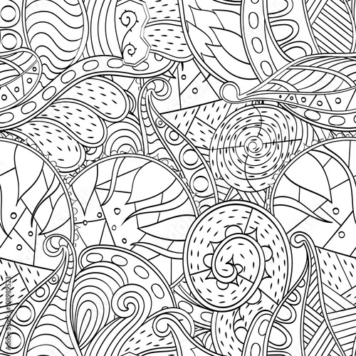 Tracery seamless, loops, doodle wind pattern. Paisley, winding stem, spiral, wave, bud mehndi design. Handmade texture, curved, black and white. Good for site background, textile, printing. Vector.