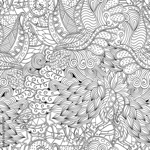 Tracery seamless, loops, doodle wind pattern. Paisley, winding stem, spiral, wave, bud mehndi design. Handmade texture, curved, black and white. Good for site background, textile, printing. Vector.
