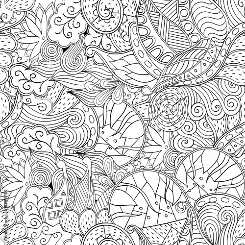 Tracery seamless, loops, doodle wind pattern. Paisley, winding stem, spiral, wave, bud mehndi design. Handmade texture, curved, black and white. Good for site background, textile, printing. Vector.