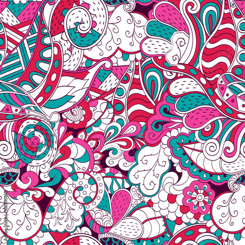 Tracery seamless, loops, doodle wind pattern. Paisley, winding stem, spiral, wave, bud mehndi design. Handmade texture, curved doodling design. Good for site background, textile, printing. Vector.