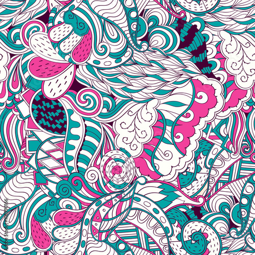 Tracery seamless, loops, doodle wind pattern. Paisley, winding stem, spiral, wave, bud mehndi design. Handmade texture, curved doodling design. Good for site background, textile, printing. Vector.