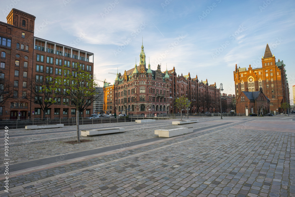 Fototapeta premium The old Speicherstadt in Hamburg, Germany, at evening.