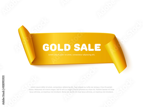 Gold curved paper ribbon banner with rolls and inscription GOLD SALE