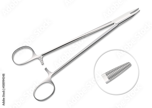 Alloyed suture needle-holder with forceps tip. You can switch off shadow. Photorealistic medical instrument. Surgery professional tool. For medical industry and healthcare. Vector.