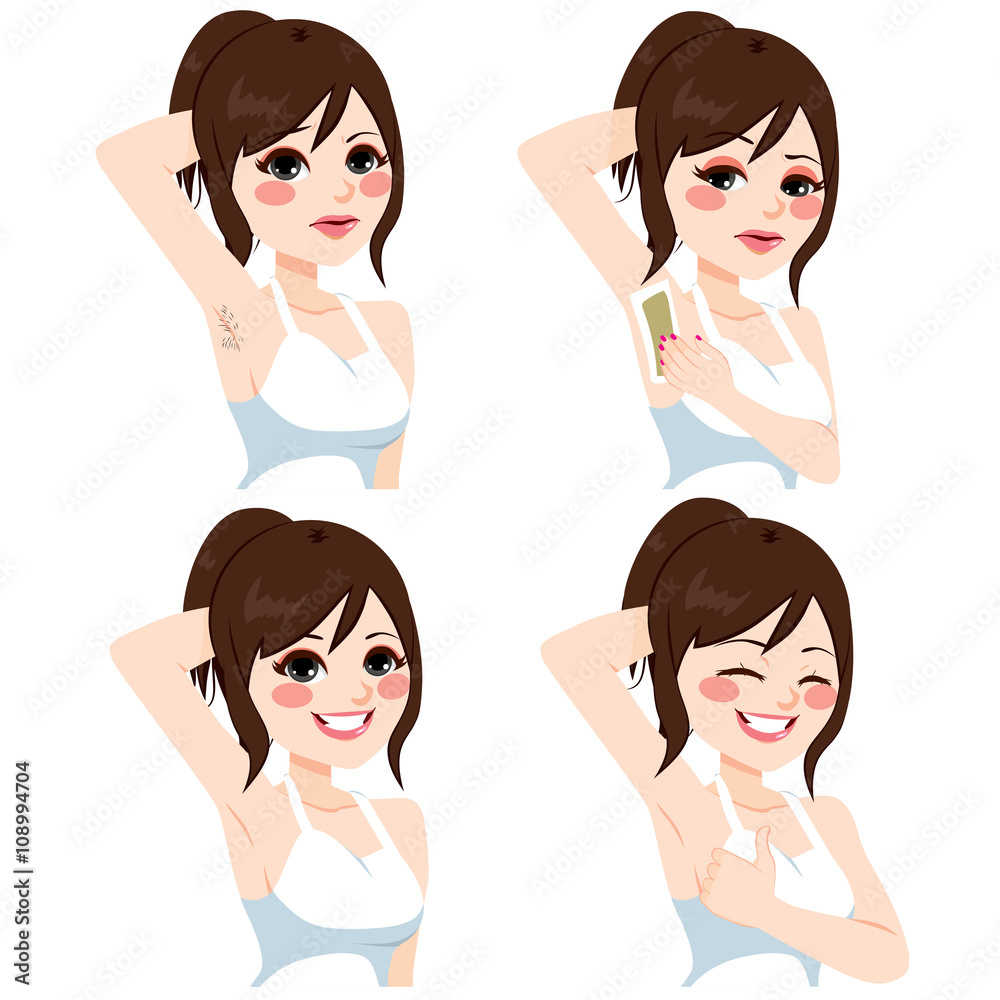 Beautiful young Asian woman with hair on armpit on four different action  waxing with cold wax strip Stock Vector | Adobe Stock