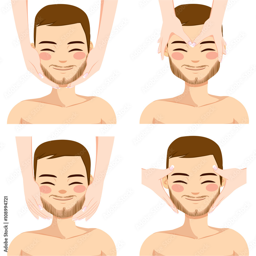 Collection of four facial massage techniques on attractive young man isolated on white background Collection of four facial massage techniques on attractive young man isolated on white background