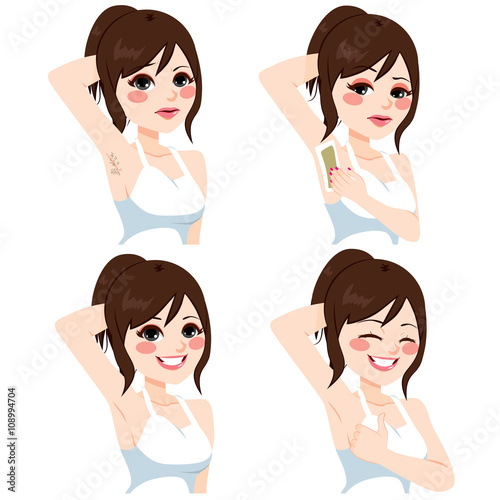 Beautiful young Asian woman with hair on armpit on four different action waxing with cold wax strip
