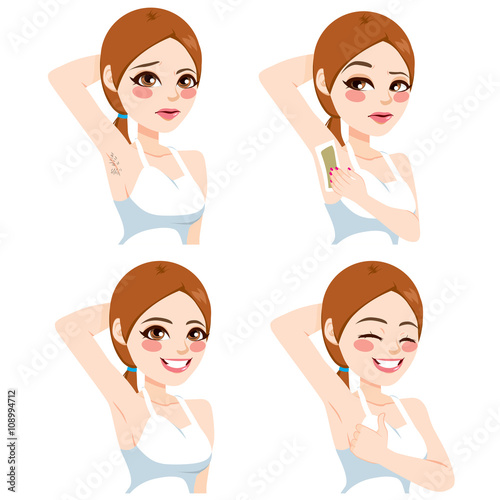 Beautiful young woman on four different action waxing armpit with cold wax strip hair removal