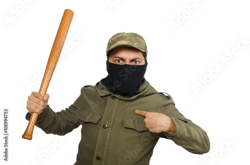 Funny man with baseball bat isolated on white