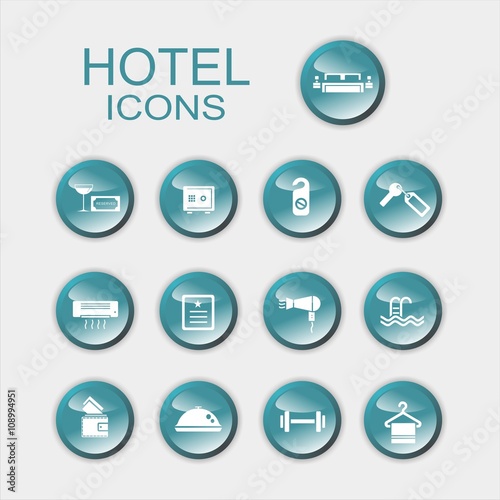 Grupo de iconos hotel sobre botones de color azul. Vector ilustración