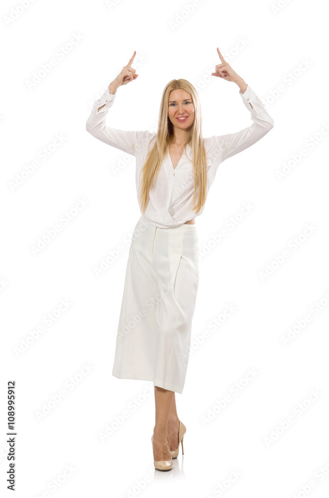 Blond hair model in elegant flared pants isolated on white Blond hair model in elegant flared pants isolated on white