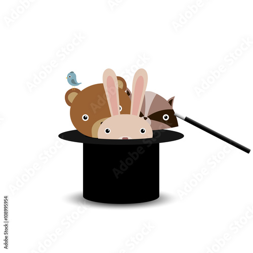 Rabbit, bear, raccoon and bird sitting in mmagician hat
