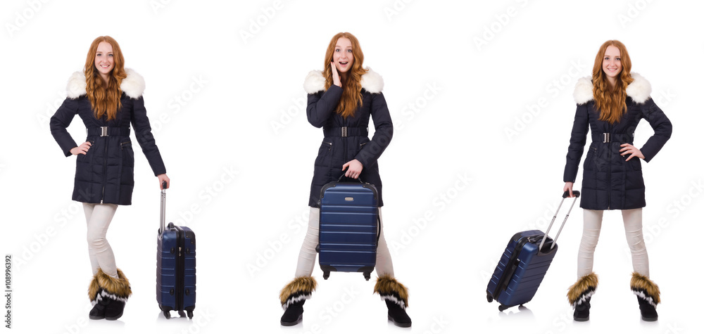 Obraz premium Woman with suitcase preparing for winter vacation