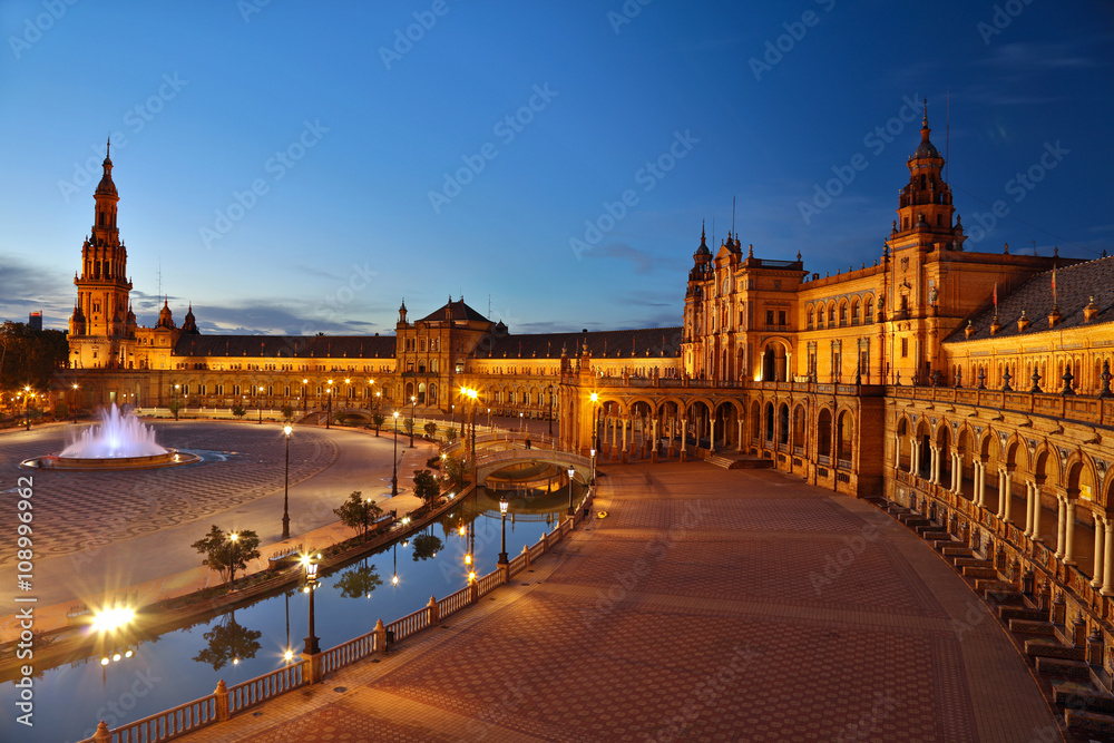 Spain Square (Plaza de Espana) after sunset. Seville, Spain