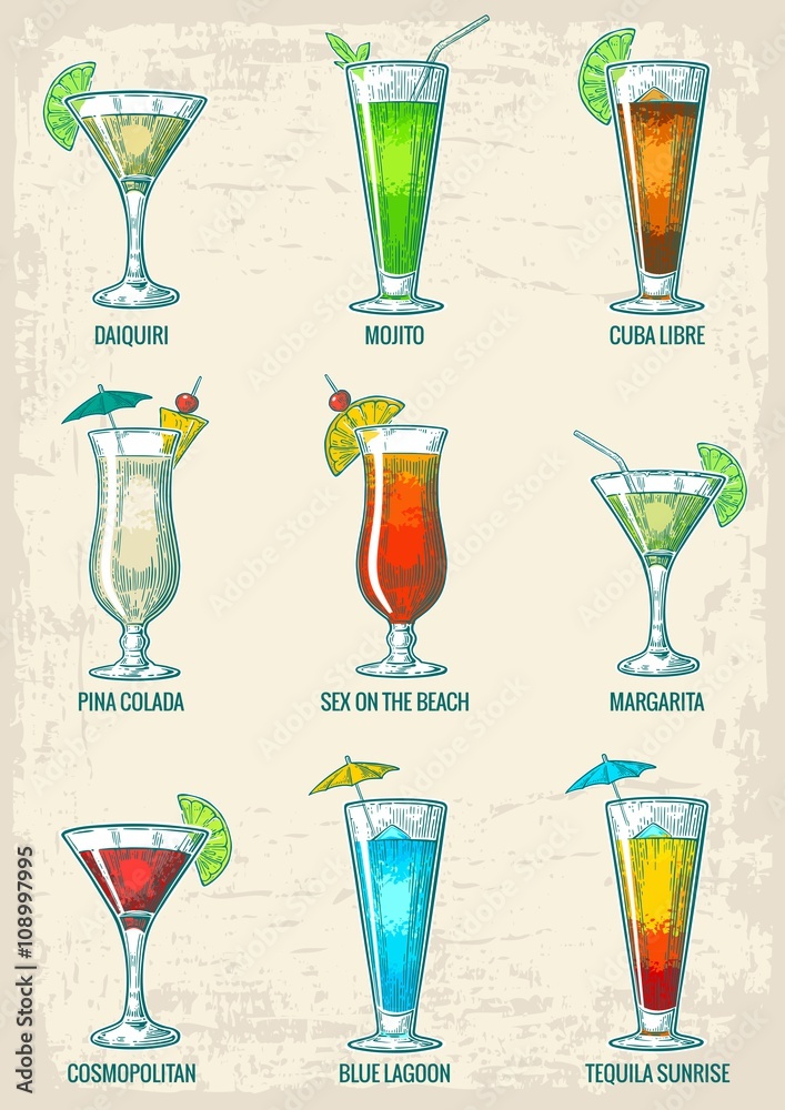 Alcohol cocktail set - margarita, sex on the beach, pina colada, daiquiri,  mojito, cuba libre, cosmopolitan, blue lagoon, tequila sunrise Stock Vector  | Adobe Stock
