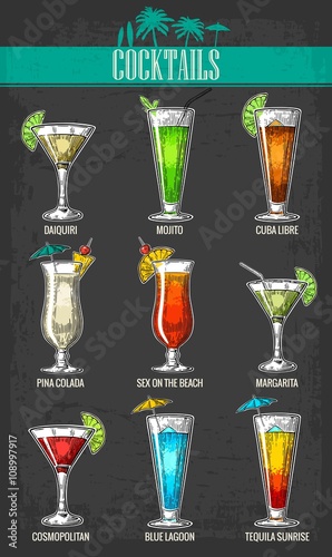 Alcohol cocktail set - margarita, sex on the beach, pina colada, daiquiri, mojito, cuba libre, cosmopolitan, blue lagoon, tequila sunrise