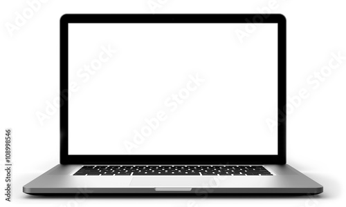 Laptop with blank screen isolated on white background, silver aluminium body. Template, mockup.