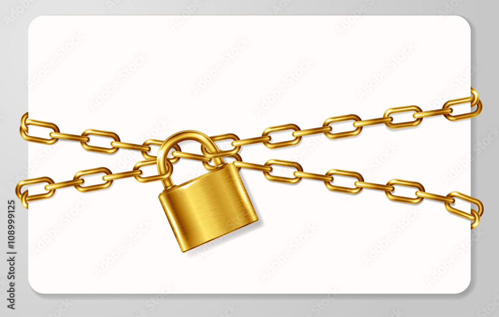 The golden metal chain and padlock, handcuffed card, vector illustration The golden metal chain and padlock, handcuffed card, vector illustration