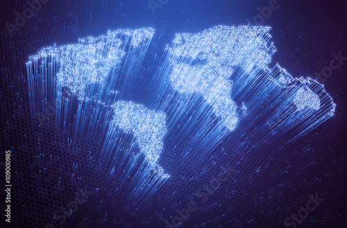Fototapeta Naklejka Na Ścianę i Meble -  Optical fibers lit in the shape of the world map. 3D image concept of global communication by optical fiber.