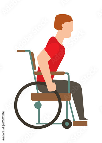Man in wheelchair invalid disabled help chair vector flat illustration.