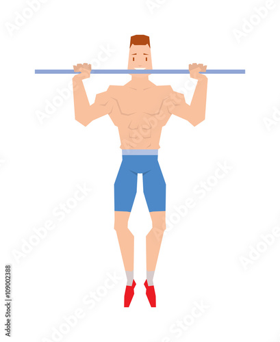 Street workout sport, exercising, training and lifestyle concept - young man doing abdominal exercise on horizontal bar vector. 