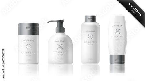 Realistic bottle mock up set. Isolated pack on white background. Cosmetic brand template. Vector packaging. Oil, lotion, shampoo.