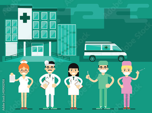 Health workers in the hospital background. Miscellaneous medical characters. Doctor a nurse. Medical staff.