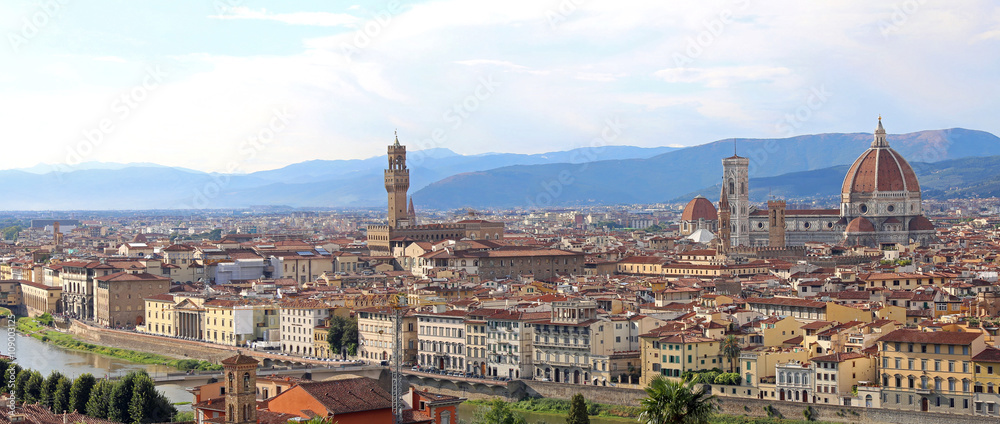 wide view of the city of Florence in Italy with the Cathedral an