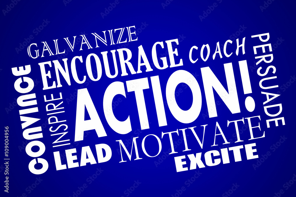 Action Encourage Motivate Inspire Lead Coach Word Collage