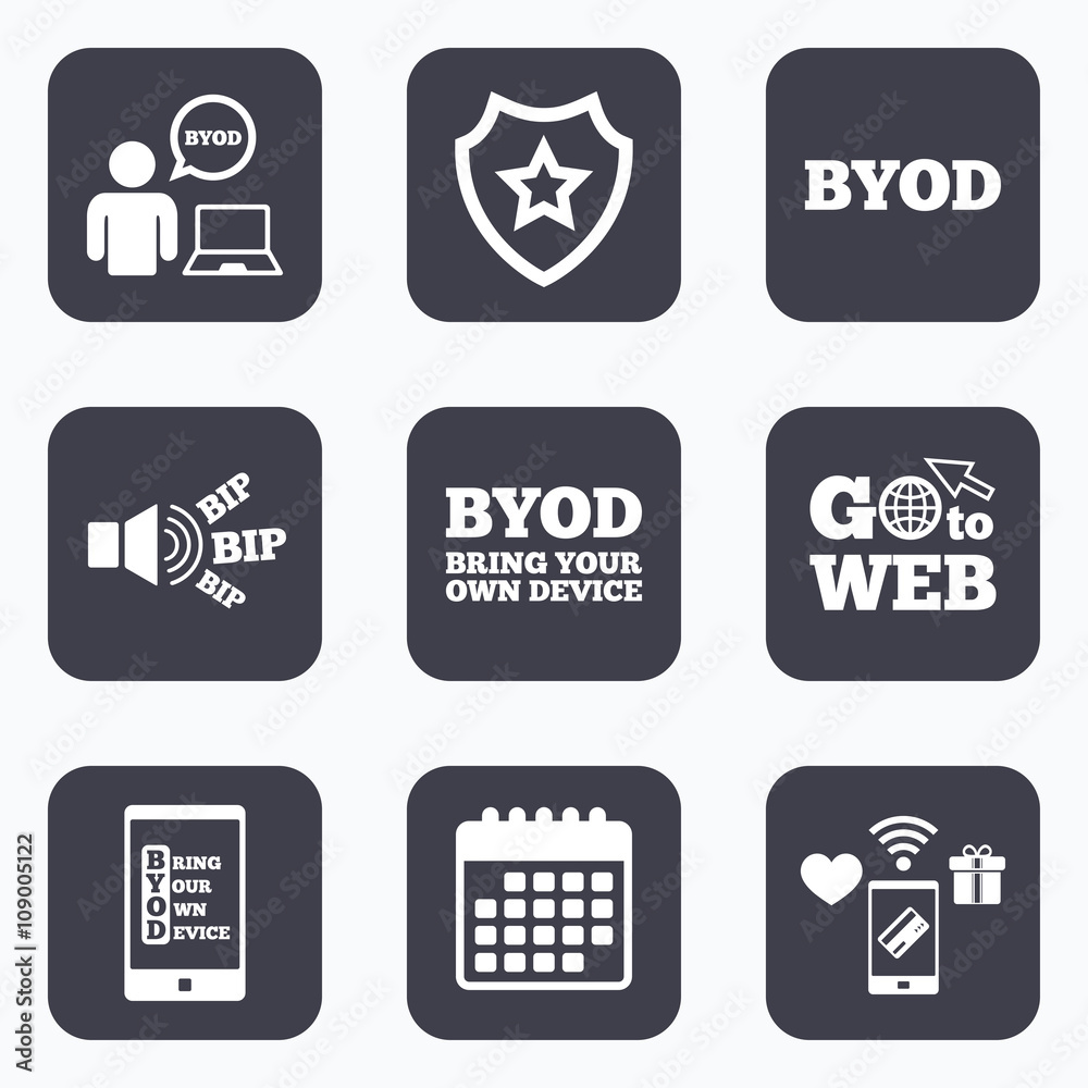 BYOD signs. Human with notebook and smartphone. BYOD signs. Human with notebook and smartphone.