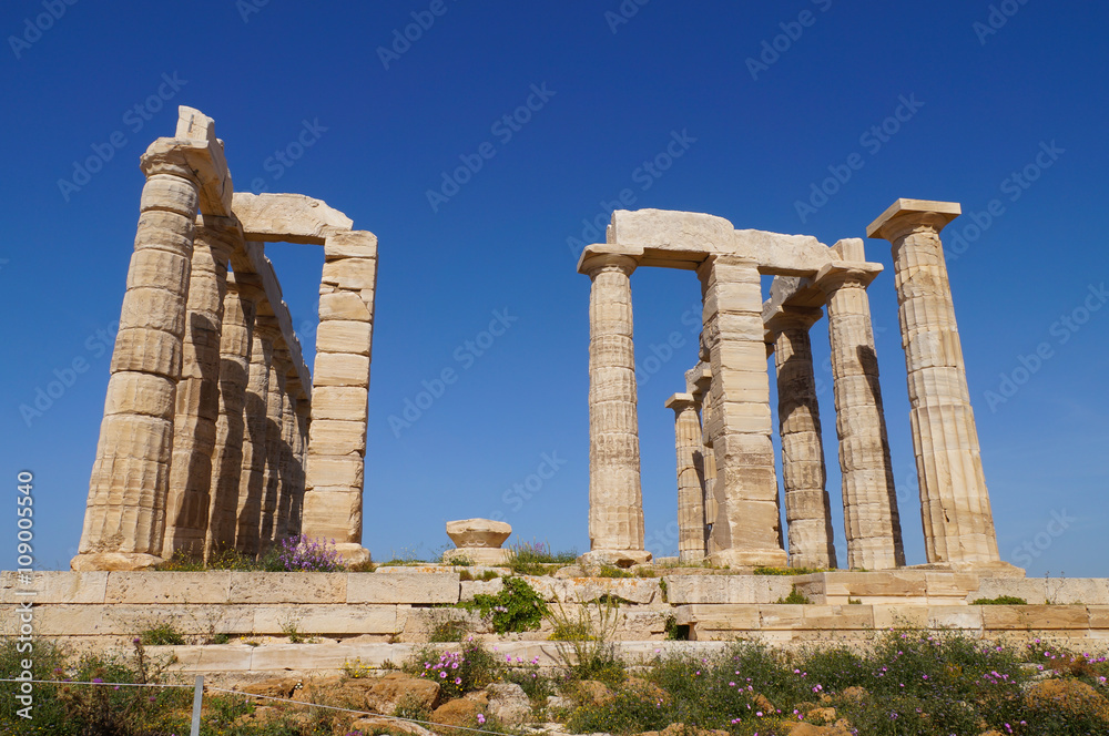 Temple of Poseidon at Cape Sounion near Athens, Greece.
