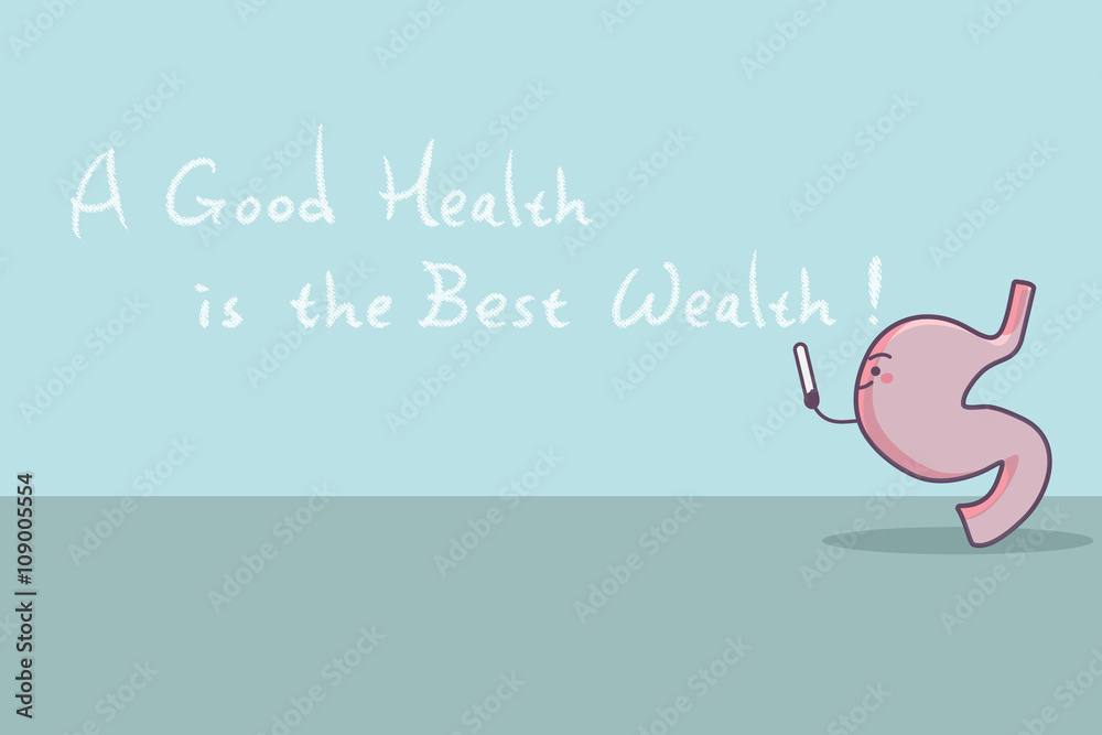 cartoon stomach with slogan