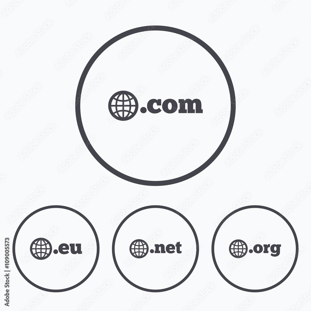 Top-level domains signs. Com, Eu, Net and Org. Top-level domains signs. Com, Eu, Net and Org.