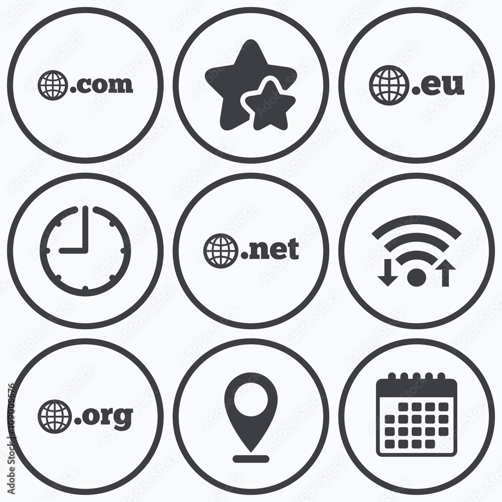 Top-level domains signs. Com, Eu, Net and Org. Top-level domains signs. Com, Eu, Net and Org.